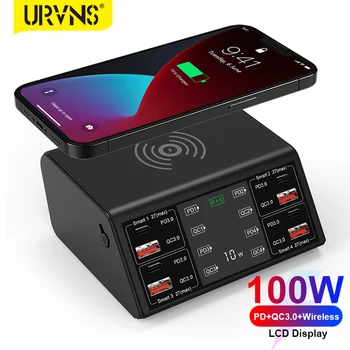 URVNS 8-Porta de 100W USB Charge 15W Carregador sem Fios PD 27W QC 22,5 W Carregamento Rápido de Alimentação do Adaptador para iPhone Huawei Xiaomi
