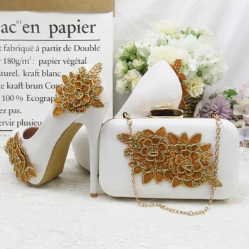 As mulheres Sapatos de Verão Dourada, Flor de Noiva de Sapato de Noiva Conjunto de Saco de Salto Alto Dedo do pé Redondo Bombas de Senhoras Festa do sapato com a bolsa