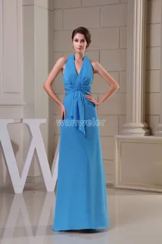 vestido de festa longo de 2015, novo design formal vestidos de prega Personalizado halter azul chiffon vestido de noite comprido vestido Formal barato