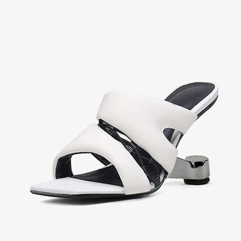 Branco quadrado preto peep toe de 8,5 cm de super alta estranho saltos de pura cor aconchegante, elegante escorregar no casual mulheres sandálias HL437 MUYISEXI
