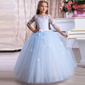 Menina Princesa Vestidos Para Casamento Azul Flor Feita À Mão Mangas Compridas Aniversário Saias Concurso De Vestidos De Primeira Comunhão Dreses