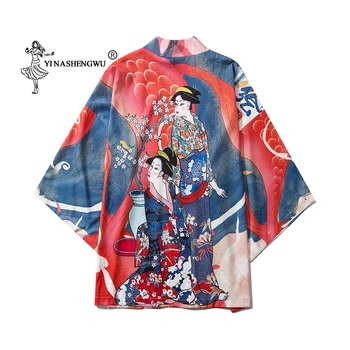 Samurai japonês Mulher Impressa Harajuku Homens Mulheres Casaquinho de Quimono Camisa Casual de Verão, Protetor solar kimonos Praia de Casaco Jackaet