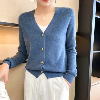 Casaquinho de lã de Moda feminina com Decote em V 2021 Outono Inverno Novo Single-Breasted Sólido Cor de Manga comprida de Malha Curto Pequena Jaqueta
