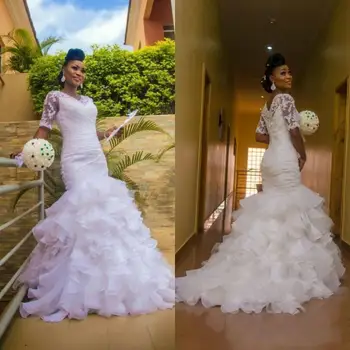 - Africano Branco Sereia Vestidos De Noiva 2022 Apliques De Renda Em Camadas Saia De Meia Manga Longa Vestidos De Noiva Robe De Mariee