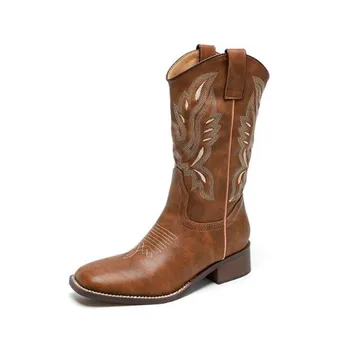 Retro Western Cowboy Boots de Moda Bordado na altura do Joelho Botas Praça Calcanhar Feminino cavaleiro Longo Deslizar Sobre Botas de Outono Mulheres Sapatos