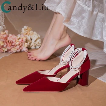 Casamento de Verão, Mulheres de Salto Grosso Mulheres Grávidas a Noiva de Sapatos de Pés Chinês Vinho Vermelho Brinde Sapatos Oco Salto Alto