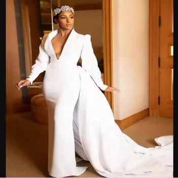 V Profundo Decote Em Cetim Sereia Mangas Compridas, Vestidos De Casamento Modestos Drapeado Overskirts Vestidos De Noiva Africana Vestidos De Casamento