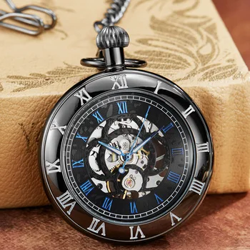Luxo Mecânica Relógio de Bolso Mens Oco Steampunk Relógio de Padrão Masculino Fob Cadeia de Moda feminina Colar Pingente reloj hombre