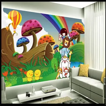 Personalizado Mural De Papel De Parede Dos Desenhos Animados Arco-Íris No Céu Cogumelo Criança Na Parede Do Fundo