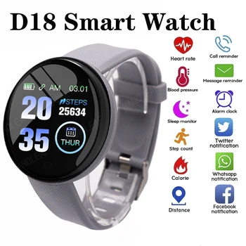Homens Mulheres Smart Watch D18 Smartwatch Monitor de frequência Cardíaca Chamada de Alarme de Relógio Redondo de Fitness, Relógios Digitais Para IOS Android