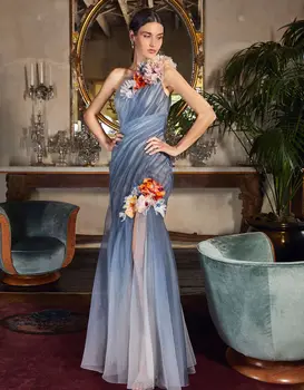 Um Split Ombro Prom Dress Flor De Tule Longos Vestidos De Festa De Fotografia Adereços Photoshoot Chão Comprimento De Vestidos De Noite