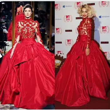 Zuhair Murad Vermelho Vestidos de Noite Rita Ora no Marchesa Outono de Gola Alta Tapete Vermelho do Vestido da Celebridade Vestidos de Cetim Vestido de baile Casamentos D