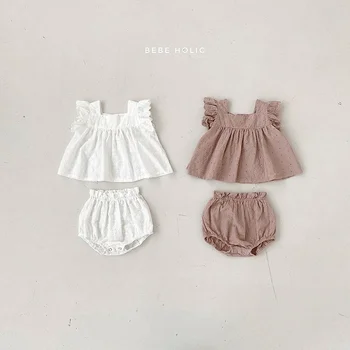 Os recém-nascidos roupas de menina 2 pcs puff luva de algodão plissado conjunto infantil bebê top de malha+curta conjuntos
