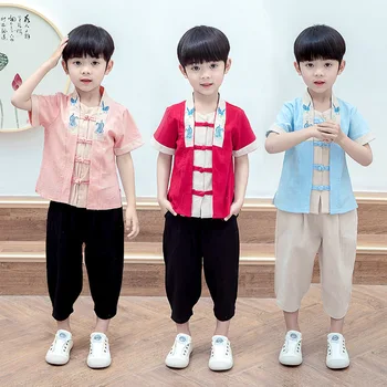 Nova Algodão De Estilo Chinês Tradicional Hanfu Meninos Retro Vermelho Vintage Botão Bordado Tang Terno De Duas Peças De Conjunto De Jogo De Papel Fantasia