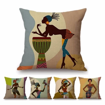 Impressão frente e verso dos desenhos animados da Moda Africana Senhora Sofá Almofadas Decorativas Casos Decoração Moderna Arte de Jogar Linho Capa de Almofada