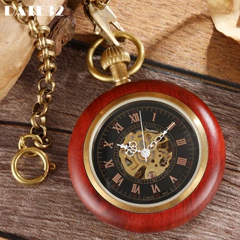 De madeira Mecânico Relógio de Bolso para os Homens Romanos Sândalo Vermelho de Madeira do Caso de Ouro de Volta Gravado Fob Corrente de Relógio Dropshipping