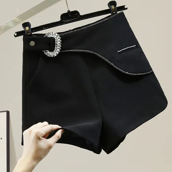 Cintura alta Slim Preto-e-Branco de Perna Larga Shorts para as Mulheres da Cadeia de Diamante Casual de Uma Linha de Divisão de Curto Calças de Ropa Mujer