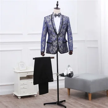 2020 Casamento Baile Blazers Para os Homens Elegantes, paletó Azul Impressa de Um botão Masculino Britânico Terno Slim Fit