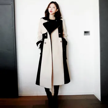 Chegada nova coreano Outono-Inverno das Mulheres, metade do Comprimento Hepburn Guarnição de Lã Tweed Slim Doce de Emenda a Roupa Longo de Vestuário Feminino