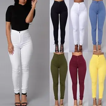 Cor sólida Candy colors Mulheres Lápis Trecho Casual, de Jeans, a calça Jeans Skinny, Calças de Cintura Alta Calças Calças Jeans Plus Size