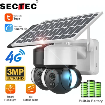 SECTEC Tuya com 4G SIM Home Solar Exterior de Segurança sem Fio da Câmera 3MP Smart Projector de Vídeo Vigilância Built-in Bateria