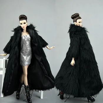 Alta Qualidade De Inverno Super Pêlo Longo Casaco Preto & Prata Vestido De Roupas Para A Boneca Barbie Parka Dresess Para 1/6 Bonecas De Brinquedo Acessórios