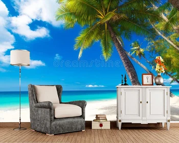 Papel de parede árvore de palma sobre a praia de areia branca natural 3d papel de parede de sala de estar com TELEVISÃO, sofá de parede de quarto restaurante bar / café mural