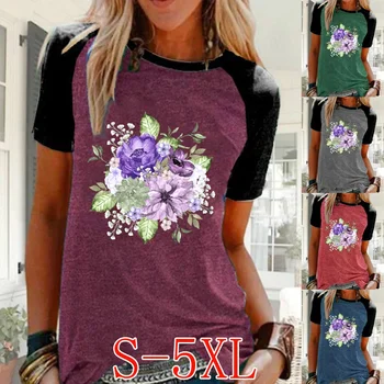 Womens Moda Verão Aquarela Flor Impresso Camisa Casual Plus Size de Manga Curta T-shirt de Senhoras em torno do Pescoço Raglan Tops