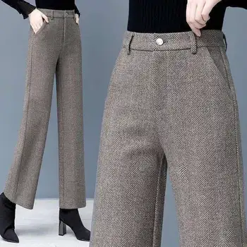 2021 Outono Inverno Mulheres Sólido Calças De Lã Feminina Slim Cintura Alta Casual Retas, Calças De Senhora, Calças De Perna Larga K533