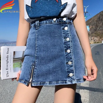 Assimétrico Verão Saia do Denim das Mulheres Primavera Verão De 2019 Novos Botões Laterais de Cintura Alta de Mulheres de Mini-Saia Preta Azul Saias Jeans