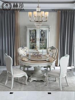 Hesha tribunal francês mobiliário Europeu de madeira maciça entalhada 1,5 m mesa redonda pintada a ouro, com mesa giratória de 1,35 M mesa de jantar de RH
