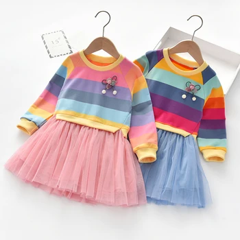 O bebê Meninas de Malha Vestido de Princesa da Primavera Cair para Crianças de Manga Longa arco-íris Listrado Gaze Vestido de Crianças Pequenas, Uma Peça de Roupa P369