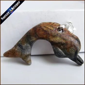 Pedra Natural de Peles de Leopardo Escultura de Pedra do Golfinho Amuleto Pingente Grátis Colar de Peixe a Moda Animal Bênção Sorte de Jóias JS705