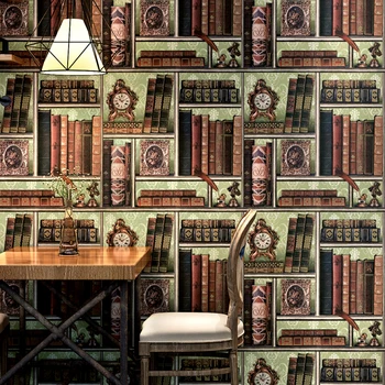 3D criativo estante de biblioteca de estudo de estilo Europeu, papel de parede café retro pvc vinil impermeável 5.3 metros quadrados, decoração home