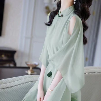 2022 Verão As Mulheres Cheongsam Melhorado Vestido Retrô Elegante De Impressão Longos Vestidos De Festa Floral Dress Chinesas De Vestuário Feminino
