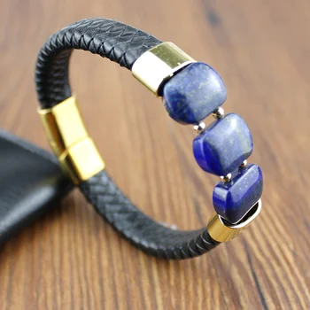 2021 nova forma simples DIY corda de couro de aço inoxidável alta qualidade pulseira pedra ágata para homens