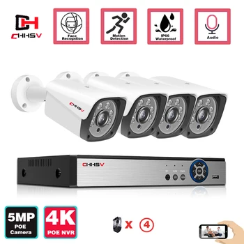H. 265 4CH 4K POE NVR Kit do IP do CCTV Sistema de Câmera de Segurança ao ar livre Impermeável Alarme de Áudio Câmera de Vigilância de Vídeo de definição do Sistema de 5MP