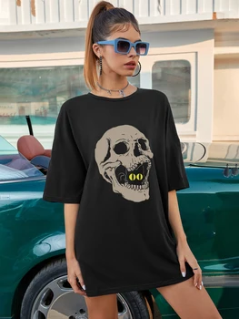 colorido gato e o crânio de grandes dimensões camiseta engraçadas mulheres gráfico t-shirt