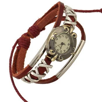 Qualidade SUPERIOR as Mulheres de Couro Genuíno RELÓGIO de Aço Inoxidável de Moda ÉTNICA Vintage Pulseira de Relógio de Pulso Reloj para Dama