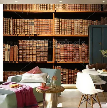 3D personalizado murais,estante de madeira com livros antigos.,sofá da sala de TV de parede o papel de parede de quarto de criança