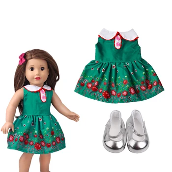 De 18 Polegadas de Boneca Verde Fresco Vestido Floral + Sapatos Adequados Para 43Cm Roupas de Bebê Roupas de Boneca, Acessórios para Crianças, Presentes de Aniversário