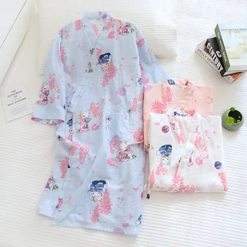 Em Estilo japonês, Roupão Yukata para as Mulheres Sólido Puro Algodão Primavera Quimono de Verão Sauna Vestir roupa de dormir de Pijama Vestido de Quimono Respirável