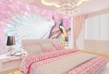 Personalizados em 3D papel de parede, cor-de-rosa casal de pavão mural para a sala quarto TV na parede do fundo impermeável papel de parede