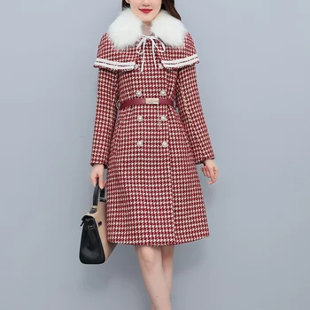 Casaco de inverno para Mulheres Houndstooth Folhas de Lã Casacos de Gola de Pele Solta Elegante e moderno, Tweed coreano Moda Trench Coats