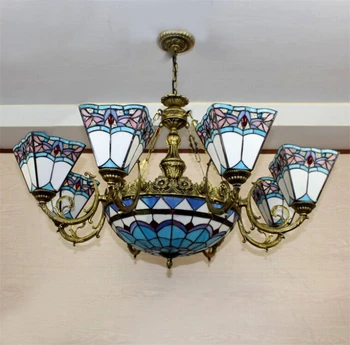 Azul Forma Tiffany Lustre Europa Mediterrânica Vintage De Vidro Suspensão Luz Café-Bar Hanging Lamp Pendientes 11 Luzes
