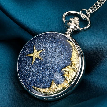 Nova Moda de Alívio de Arte de Ouro Incrustado de Estrelas e a Lua Padrão Azul Céu Estrelado Colar Steampunk FOB Corrente de Quartzo Relógios de Bolso