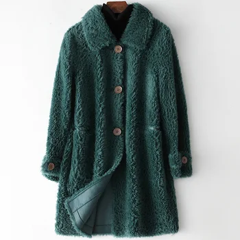 Moda inverno Real de ovinos, Casacos de Pele Para as Mulheres de longo Casaco de lã verde Natural Fur collar casual quente casaco Feminino de luxo