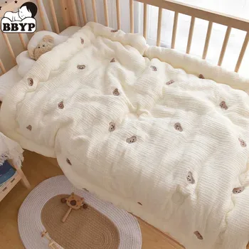 Bebê De Musselina Colcha Cobertor Urso Coelho Bordado Com Gaze De Algodão Bebê Recém-Nascido De Inverno O Cobertor Do Bebê Roupa De Cama Colchas Cobertor