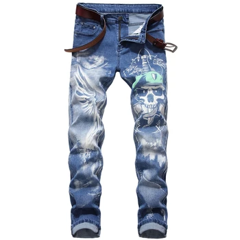 Nova Moda dos Homens pirata Impresso Jeans Homens Magros Casual Reta 3D personalidade Azul Stretch Jeans de grife de Alta Qualidade Calças