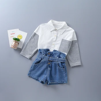 2-7 ano de alta qualidade roupa de menina conjunto de 2020, a nova moda outono preto branco camisa xadrez + short jeans calça de criança roupa das crianças